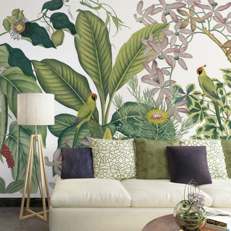Whole Nordic Wall Mural Decal in Pastel Green Banana Leaves and Blossoms Wall Decor, Made to Measure