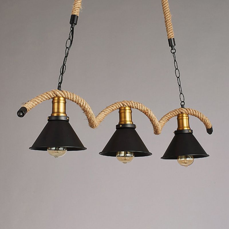 3-Light Retro Hemp Rope Island Light Black Cone Metal Shade Industrial Style Pendant for Restaurant Bar