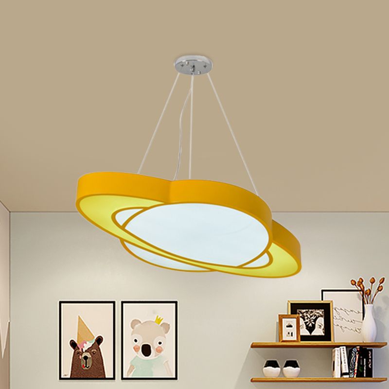 Yellow Planet Suspension Light Fixture Children Style LED Acrylic Hanging Chandelier