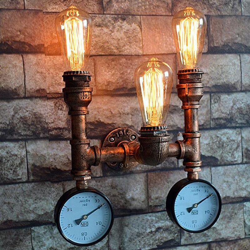 3 Bulbs Wall Light Fixture Vintage Water Pipe Metal Wall Sconce Lamp in Copper with 2-Gauge Deco
