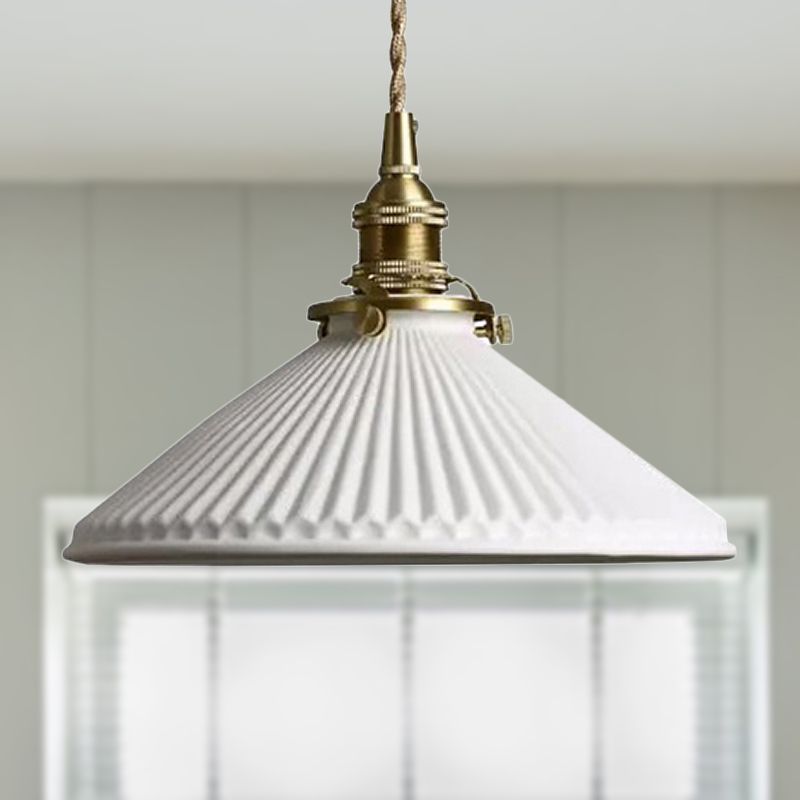 Stile industriale Luce a sospensione conica con design a coste 1 Light Ceramics lampada appesa in bianco