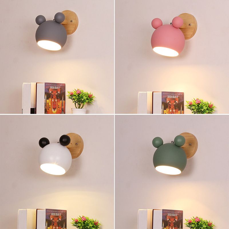 Modern Nordic Macaron Wall Lamp Wooden Globe Wall Light with Wrought Iron Shade
