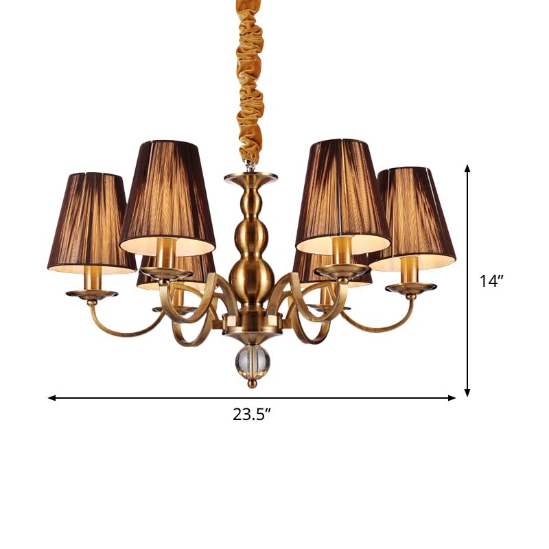 6/8-bulb Conische kroonluchter verlichtingsarmatuur traditionele goudstof hanger lamp met helder kristalaccent