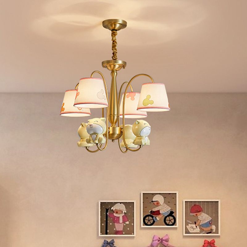 Patterned Fabric Tapered Chandelier Lighting Cartoon Gold Pendant Light with Resin Animal
