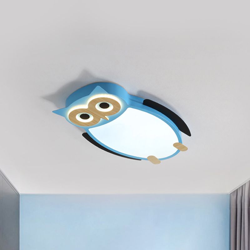 White/Pink/Blue Owl Flush Ceiling Light Cartoon Metal LED Integrated Flush Mount Lamp for Children