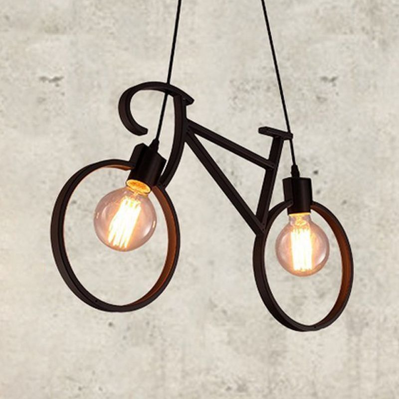 Black/White City Bike Hanging Light Kids 2-Light Iron Suspension Pendant with Open Bulb Design