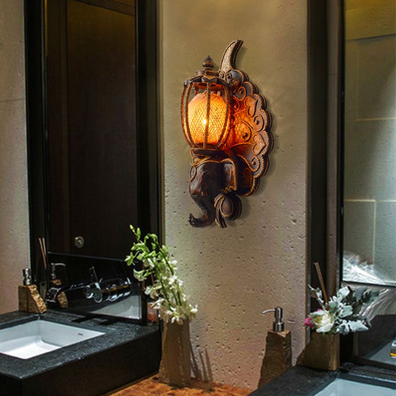 Wall Lighting Fixture Country Stairway Wall Sconce with Melon Bamboo Shade in Brown