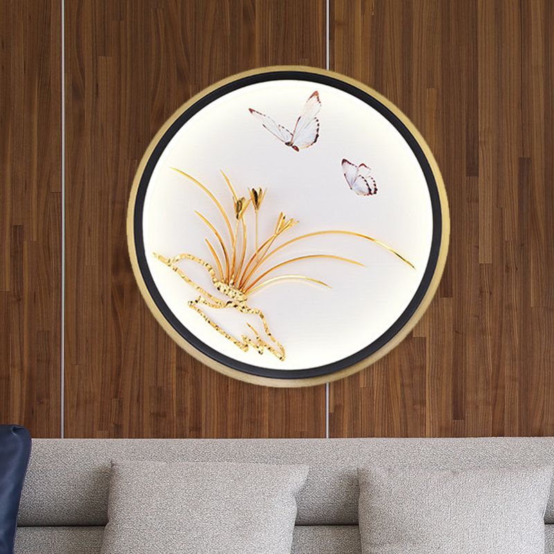 Gold Circular/Rectangle Shaped Mural Light Chinese Style LED Metallic Wall Mounted Lamp with Butterfly and Leaf Pattern