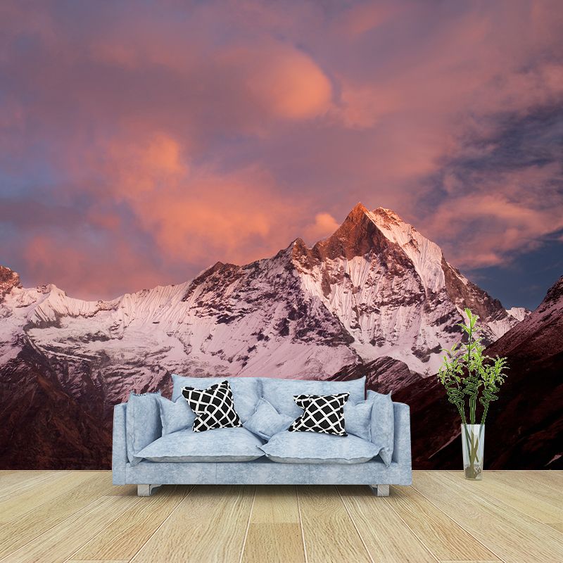 Snow Mountain at Dusk Mural Wallpaper Pink-Blue Modernist Wall Covering for Living Room