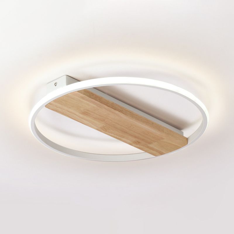 Modern LED Ceiling Light Fixture White Circular Ceiling Mounted Light with Wooden Shade