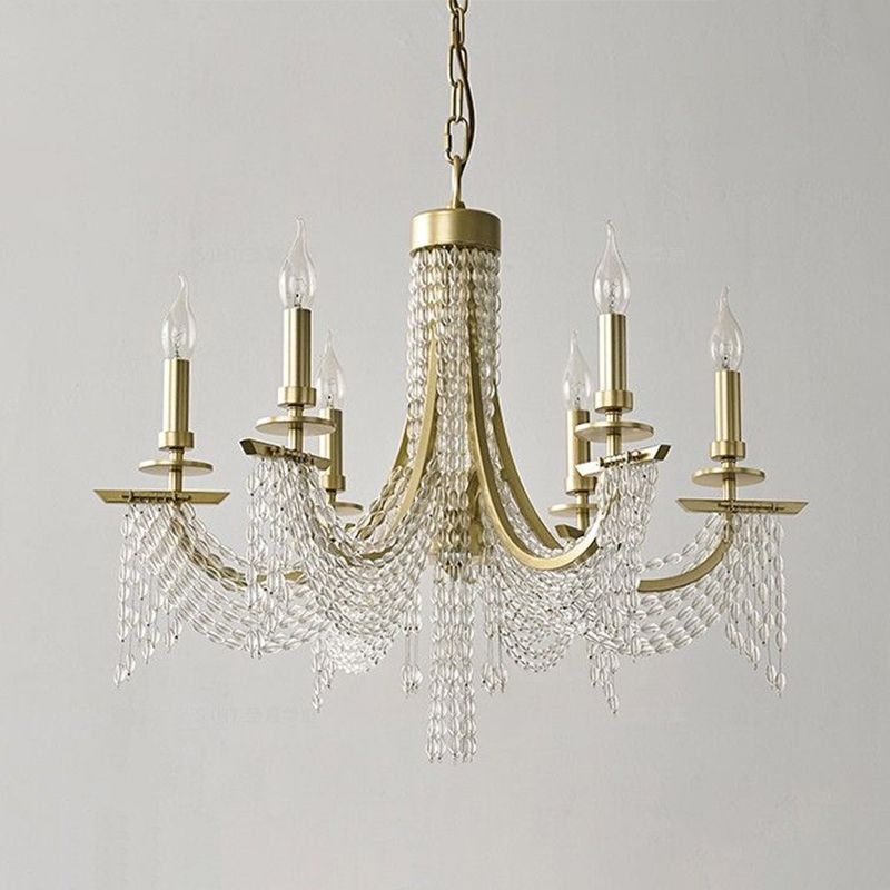 Baroque Candle Chandelier 6-Bulb Metal Suspension Lighting with Crystal Chain in Gold