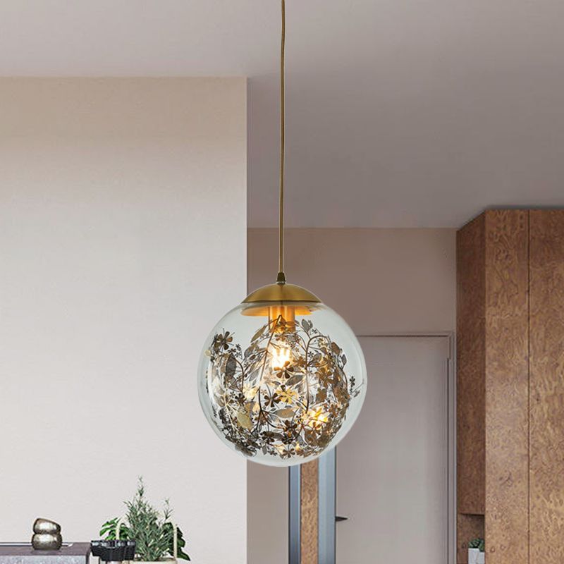 Yellow Ball Pendant Lamp Modern 1-Head Clear Glass Ceiling Light with Inner Shattered Leaves Decoration
