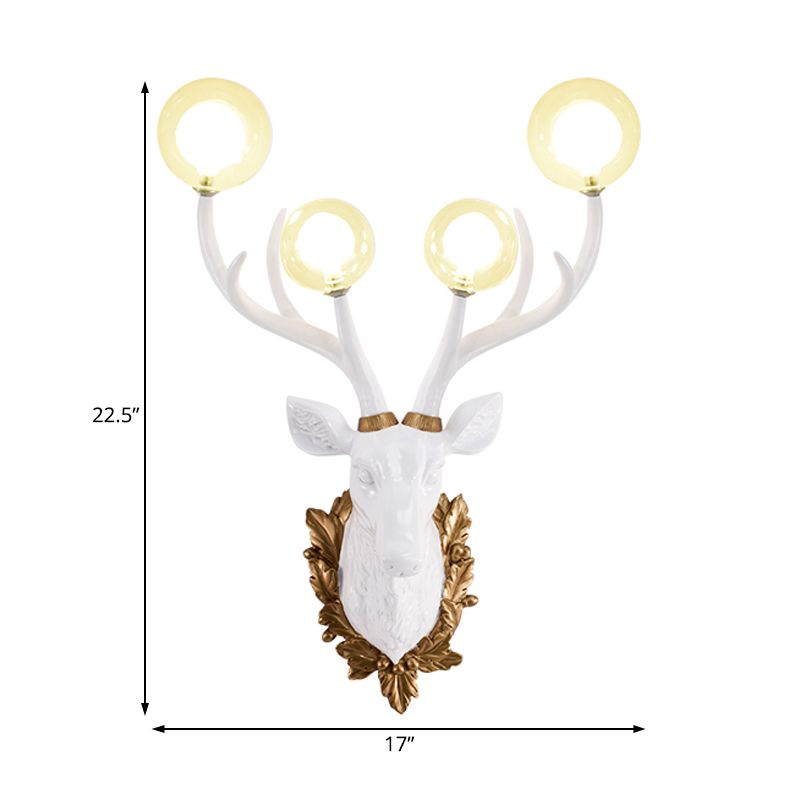 4 Bulbs Deer Sconce Lamp Vintage White/Gold Resin Wall Lighting with Round Glass Shade, 17"/21.5" W