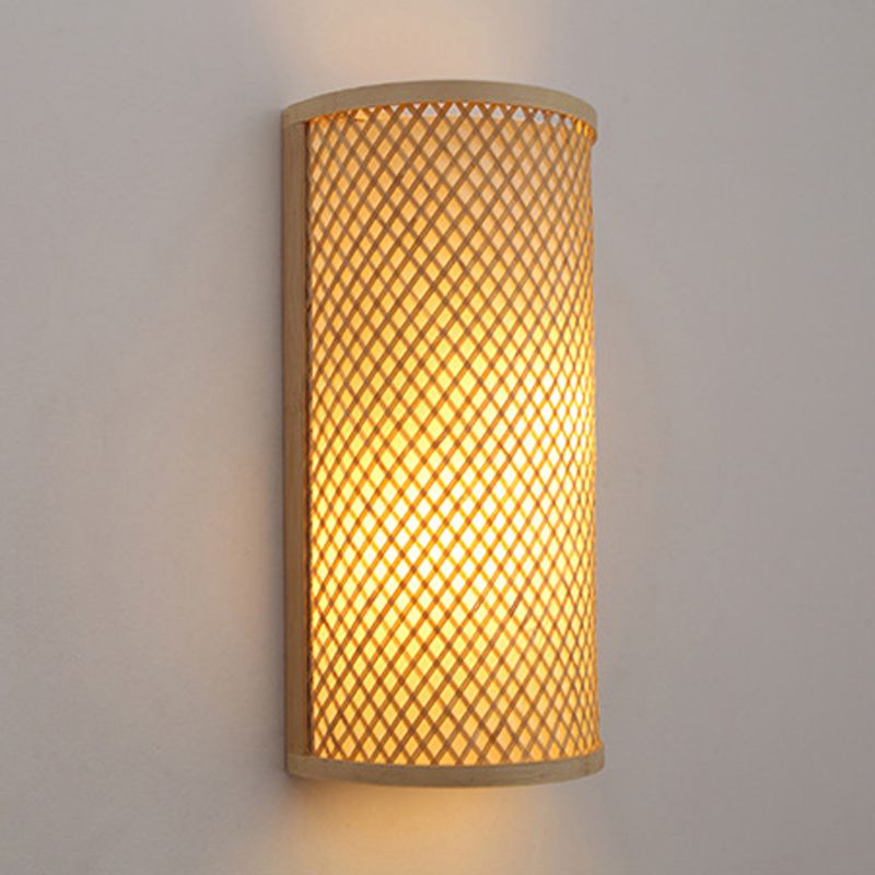 Half-Cylindrical Flush Mount Wall Light Minimalist Bamboo 1 Head Hallway Wall Sconce in Beige
