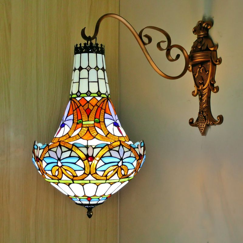 3 Lights Wall Light Fixture Mediterranean Flower Stained Glass Sconce in Beige/Yellow/Orange for Living Room