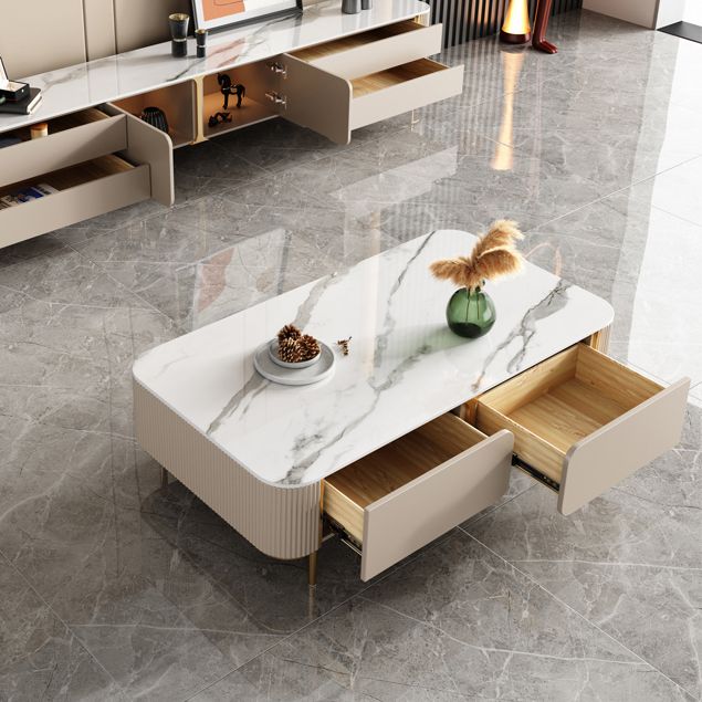 2 Drawers Rectangular Slate Top Coffee Table 4 Legs Cocktail Table