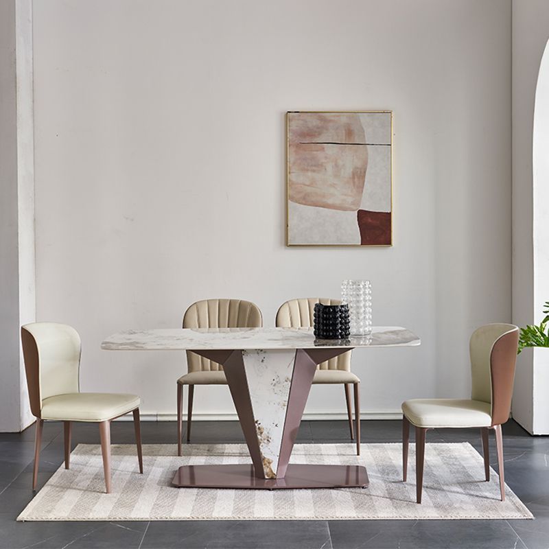 Glossy White Dining Table Set 1/4/5 Pieces Metal Base Table with Leather Chairs