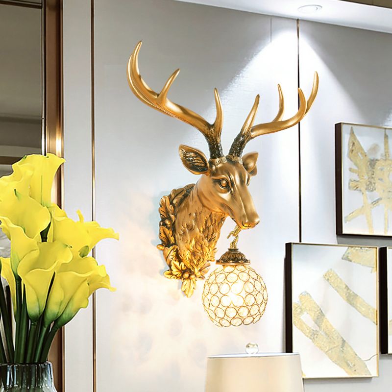 Gold 1-Bulb Sconce Light Farmhouse Faceted Crystal Sphere Wall Mounted Lamp with Sika Deer Head Design