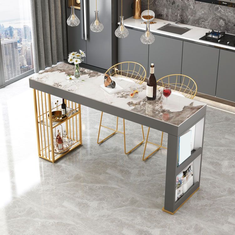 Rectangle Gold Marble and Wood Bar Living Room Pub Table with Double Pedestal