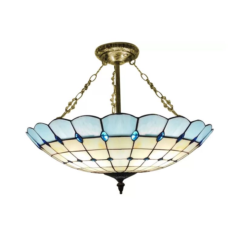 Plafonnier de chambre à coucher en verre, éclairage semi-encastré en forme de dôme à 4 lumières de style Tiffany en cuivre antique, 8" de haut x 19,5" de diamètre