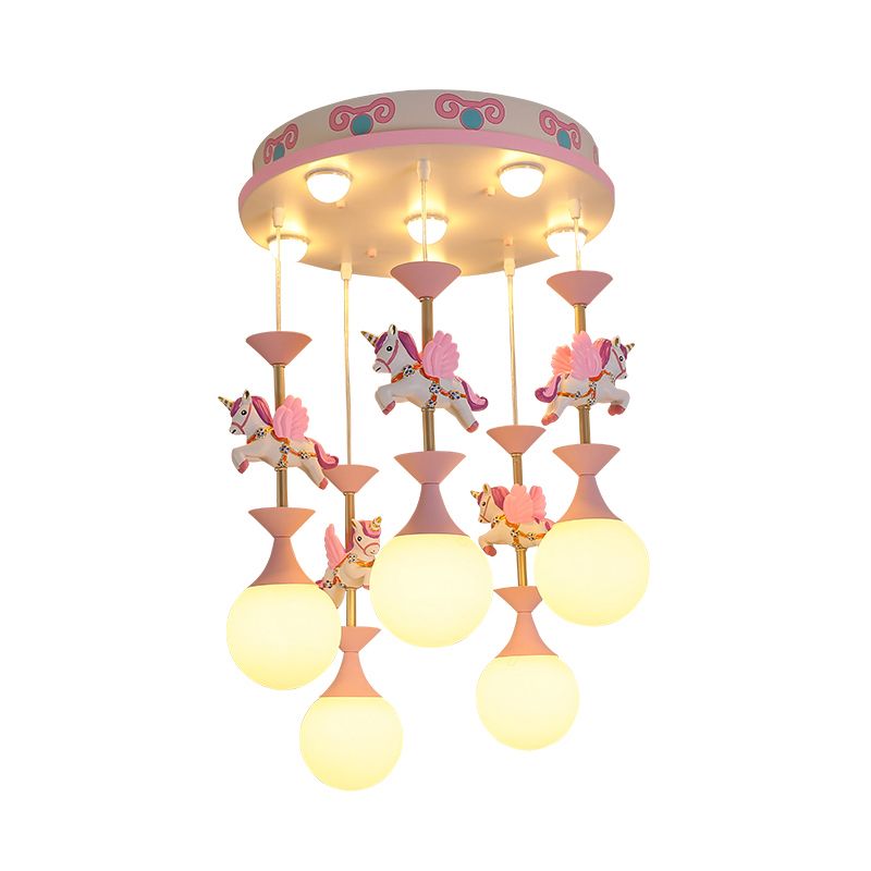 Cartoon Flying Unicorn Multi Light Pendant Resin Kindergarten Hanging Lighting with Sphere Cream Glass Shade