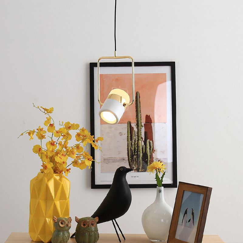 Square Frame Pendant Ceiling Light Modern Metal 1 Head Gold Hanging Light Kit with Cylinder White Glass Shade