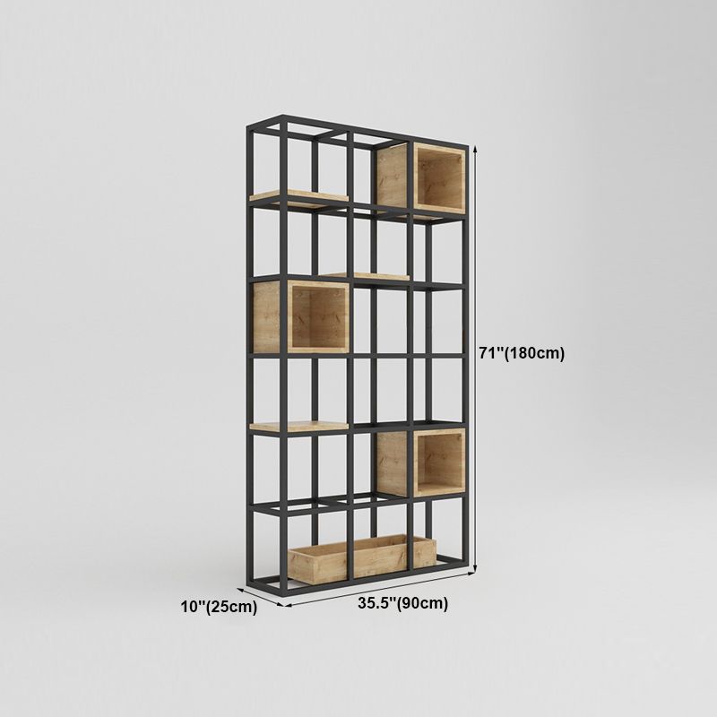 Modern Open Etagere Bookshelf with Black Iron Frame Pine Wood Shelf