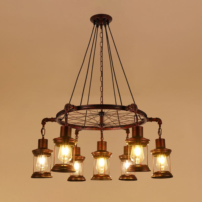 Industrial Wagon Wheel Chandelier Lighting Iron Pendant Light with Clear Glass Shade in Bronze