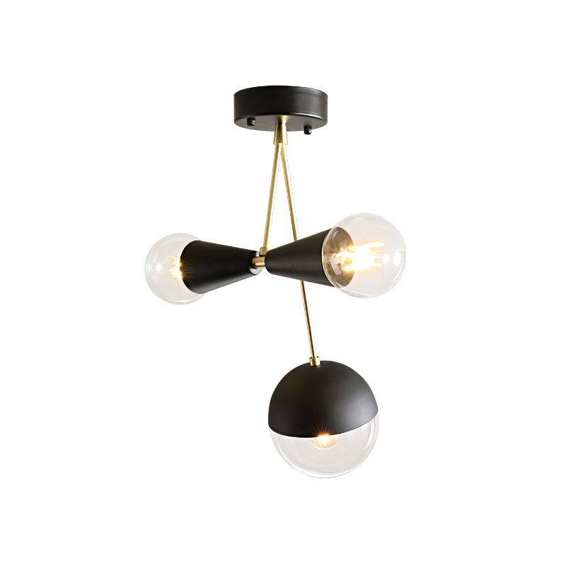 Black Ball and Hourglass Semi Flush Mount Contemporary 3 Bulbs Clear Glass Close to Ceiling Light
