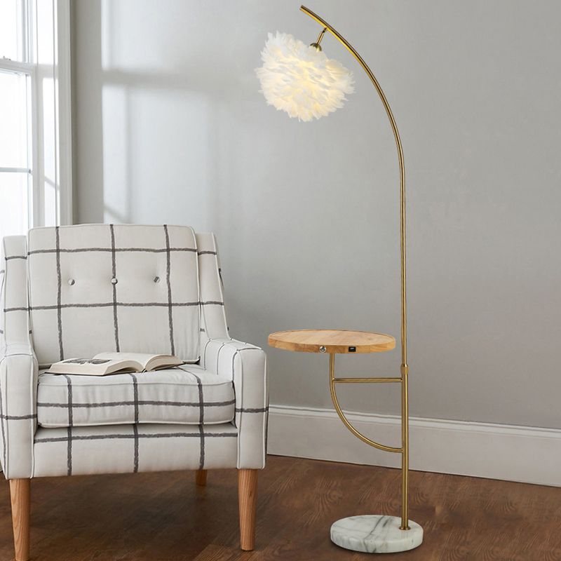 Feather Hemisphere Shade Floor Light Modern 1��Bulb Gold Standing Lamp with Wooden Tray