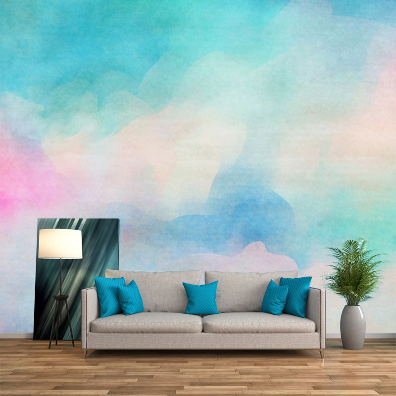 Künstlerische Regenbogen-Wandtapete, hellblaue Aquarell-Wanddekoration für Kinderzimmer