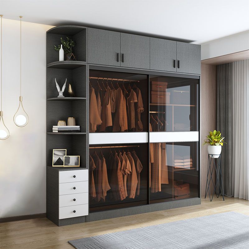 Modern Style Glass Wardrobe Gray Colour Wardrobe Closet with Sliding Door