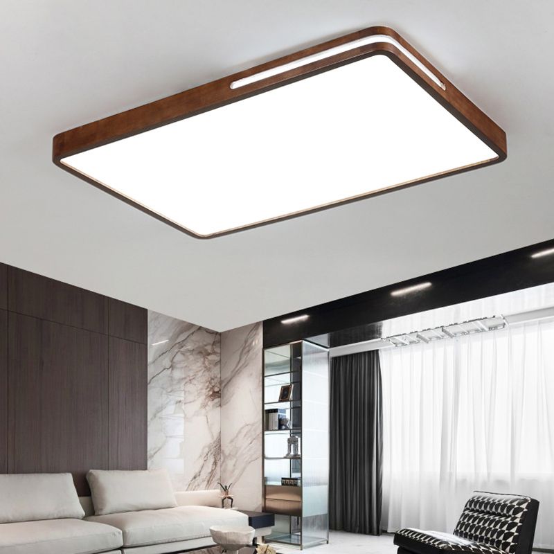 Japanese Rectangle Ceiling Light Wood LED Flush Mount Light in Brown for Living Room