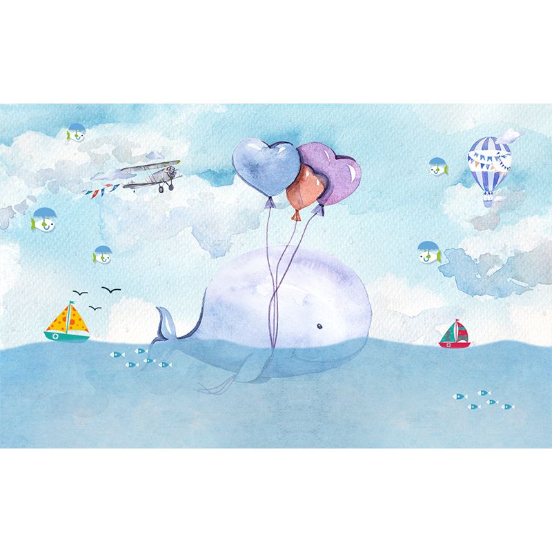 Whale and Sea Mural Decal Pastel Color Children's Art Wall Covering for Kids Room