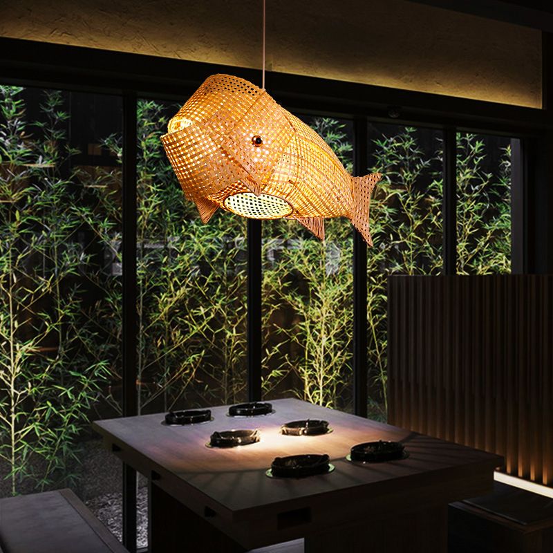 Bamboo Japanese Pendant Light Creative Fish 1-Light Hanging Ceiling Light