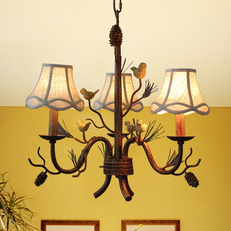 Flared Fabric Hanging Chandelier Rural 3-Light Dining Room Pendant with Bird and Pinecone Decoration in Brown