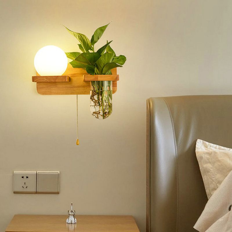 Modern Style Ball Shade Wall Light Wood 1 Light Sconces for Bedroom without Plant