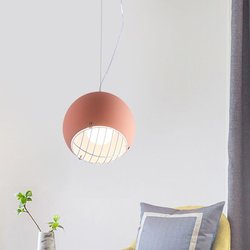 Macaron Mini Dome Pendant Lighting Aluminum 1 Head Bedside Ceiling Light in Pink with Wire Guard Bottom