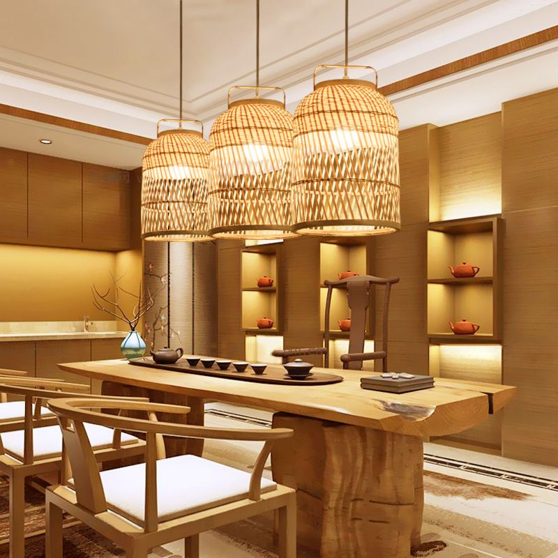 Jaula rústica de pájaros luz colgante de bambú 1 lámpara colgante de techo de bombilla en madera con mango