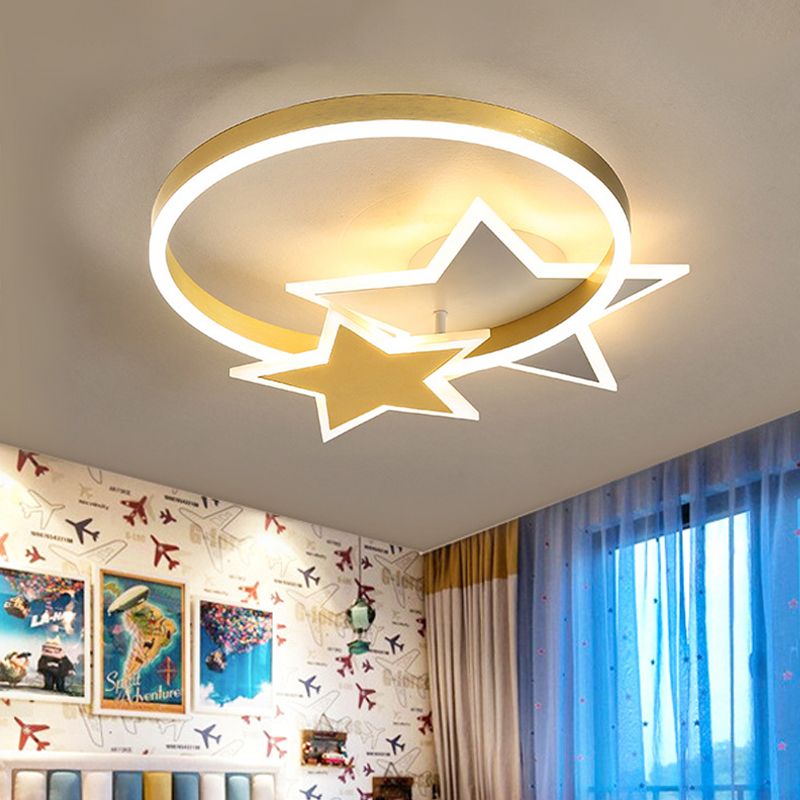 Lámpara de montaje empotrado con anillo acrílico, accesorio LED dorado contemporáneo montado en el techo con diseño de estrella para dormitorio en luz blanca/cálida