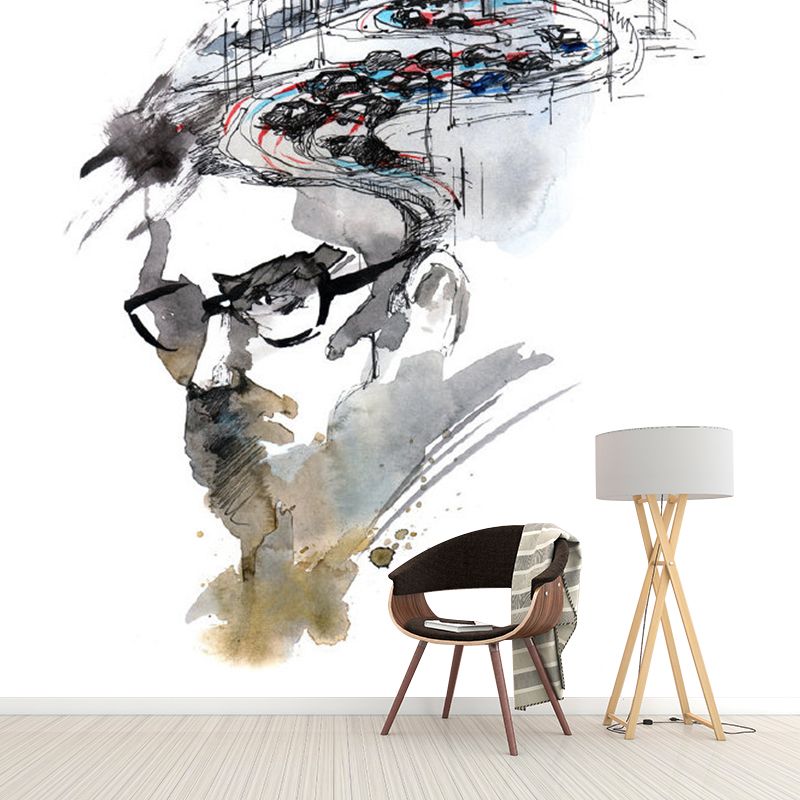 Big Urban Scenery Wall Mural for Bar Decoration Glasses Wall Covering in Black and White, Moisture-Resistant