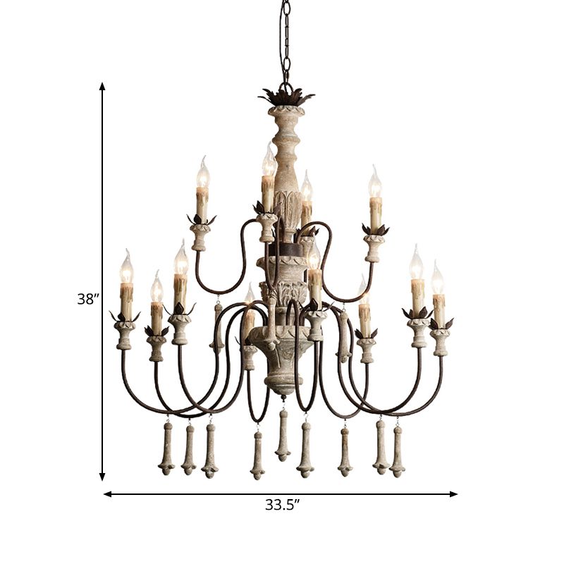 12 têtes Chandelier en bois rural brun à 2 niveaux suspendus de salon avec bras en métal incurvé