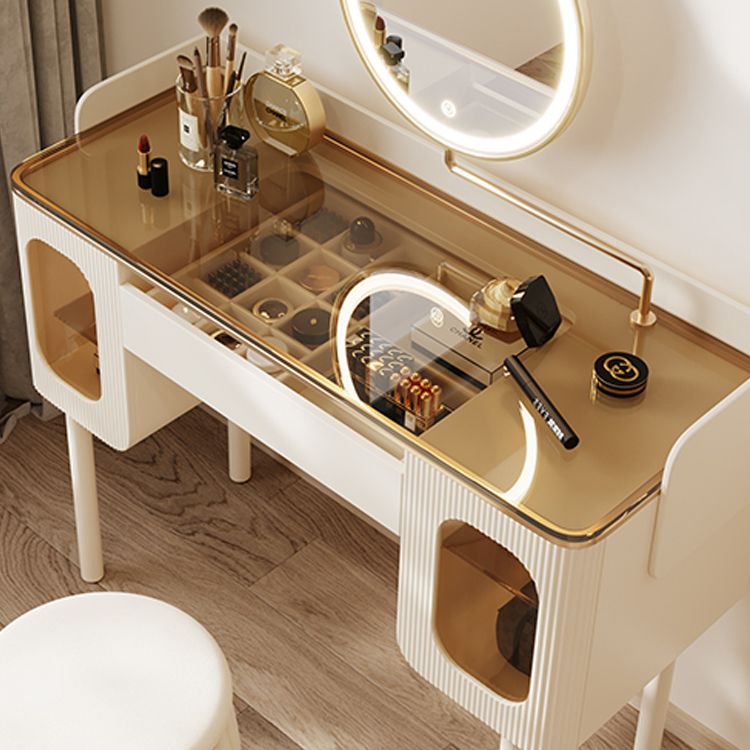 Glass Top Makeup Vanity Desk Storage Dressing Table Stool Set with Drawer