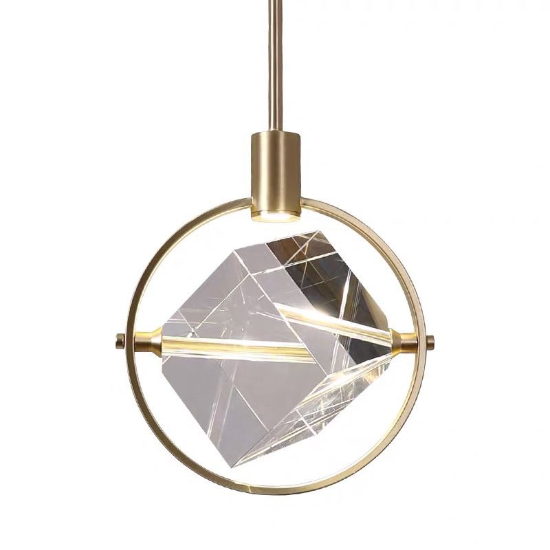 Post-modern Style Mini LED Pendant Light Square Crystal Shade Design Home Decorative Lighting Fixture in Gold