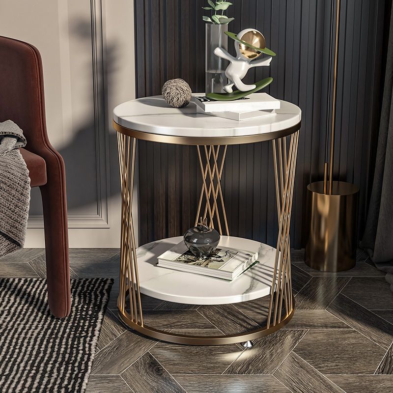 Modernistic Marble Frame with Shelf Round Double Tier Living Room End Table