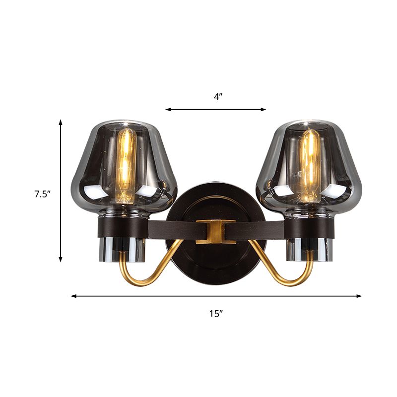 2-Bulb Wall Light with Mushroom Shade Smoked Glass Modern Bedroom Sconce Lighting Fixture