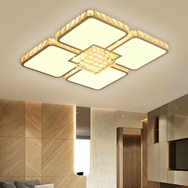 Simple LED Flush Mount Fixture Chrome Square Ceiling Lighting with Crystal Block Shade in Warm/White Light