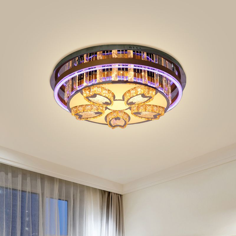 LED Circular Flush Mount Light Modern Stainless-Steel Finish Clear Crystal Blocks Ceiling Fixture