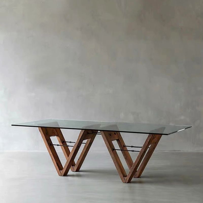 Solid Wood Contemporary Rectangle Dining Table Glass Top Table for Dining Room