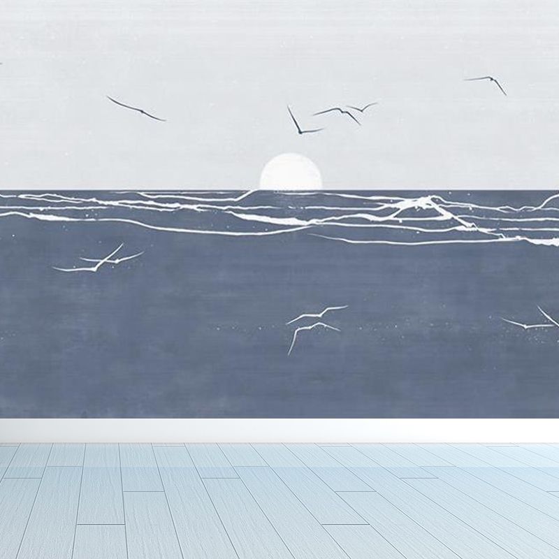 Tropical Ocean Seagulls Scenery Mural Blue Stain Resistant Wall Covering for Bedroom